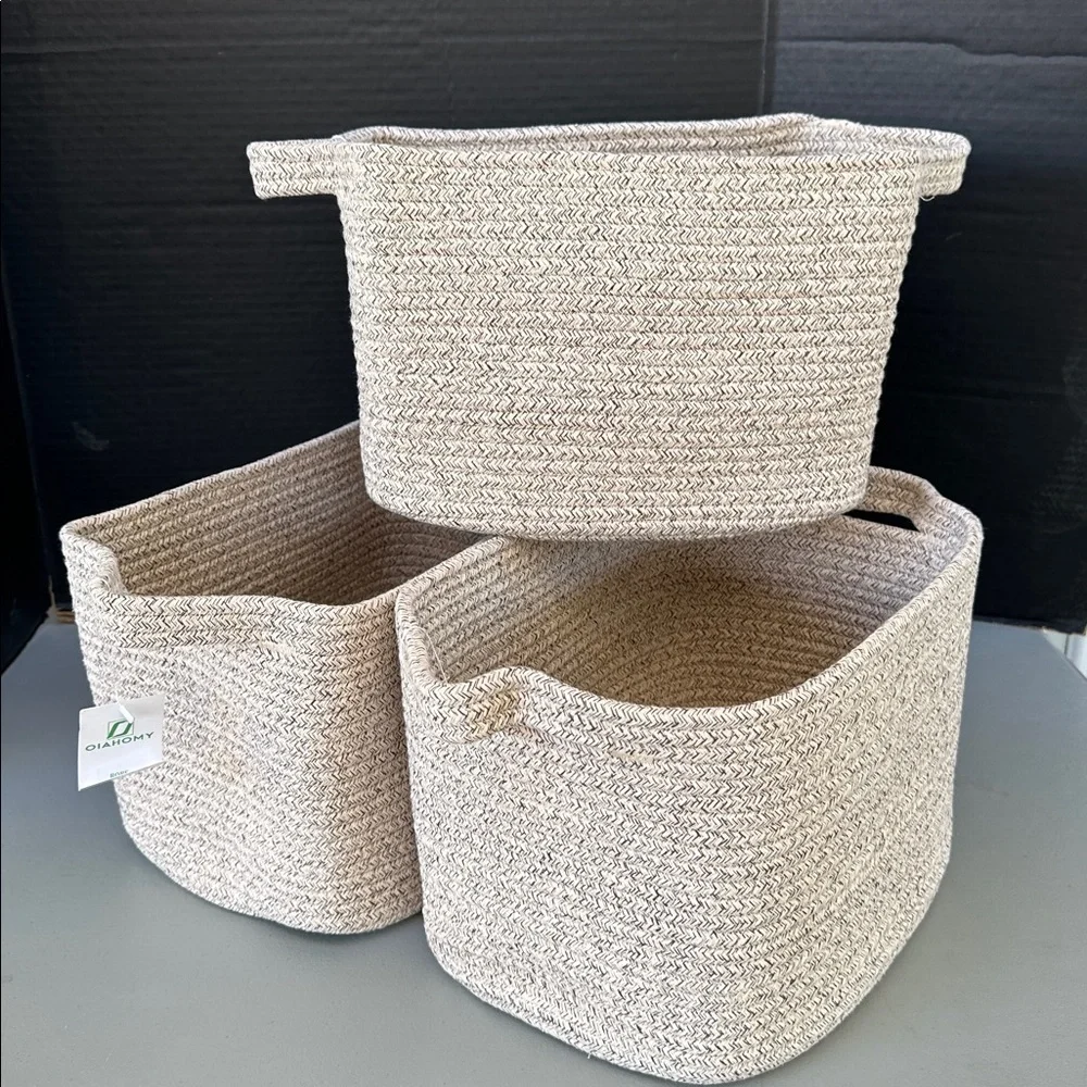 New Elegant Tan Woven Storage Baskets - Set of 3